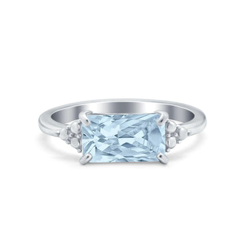 Emerald Cut Sideways Ring Simulated Aquamarine CZ 925 Sterling Silver